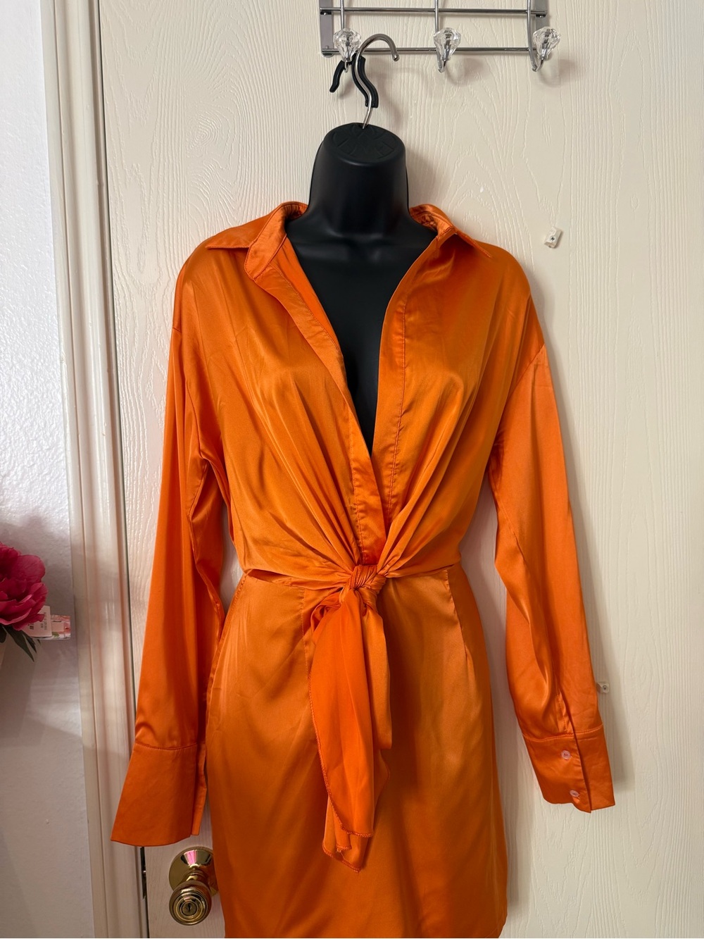 Women's Orange Tie-Front Shirt Dress - Picture 2 of 4